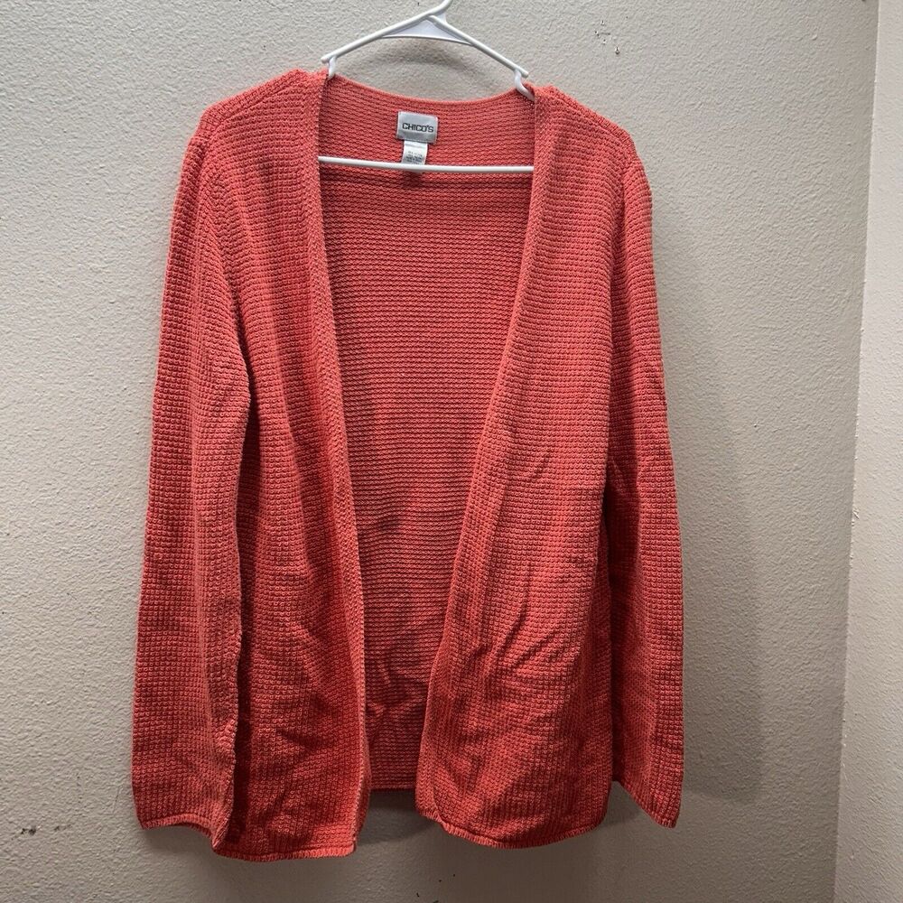 Chico's Cardigan‎ SZ 2 / L Coral Long Sleeve Cotton Blend Chunky Knit Sweater